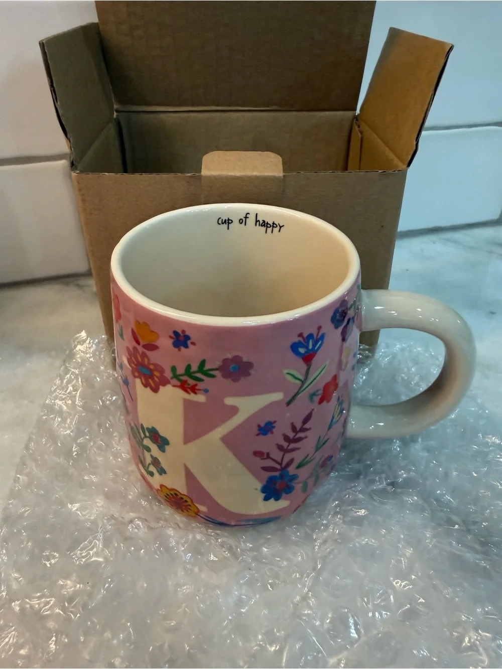 NATURAL LIFE Pink Floral 'K' Ceramic Mug - Cup of Happy